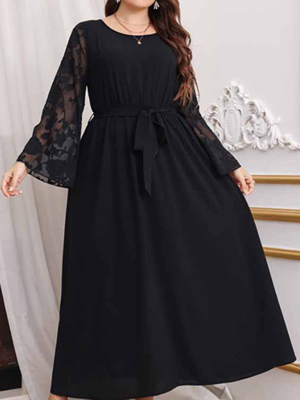 Plus Size Dresses- Solid Long Dress with Floral Mesh Sleeves for Curvy Queens- - Pekosa Women Fashion