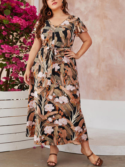 Plus size dresses- Floral Plus Size A-Line Dress with Belted Waist and Short Sleeves- Pattern- Pekosa Women Fashion