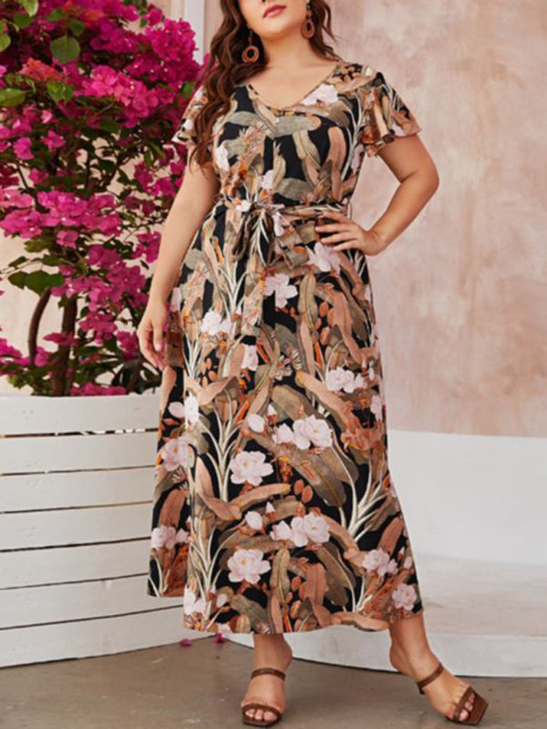 Plus size dresses- Floral Plus Size A-Line Dress with Belted Waist and Short Sleeves- - Pekosa Women Fashion