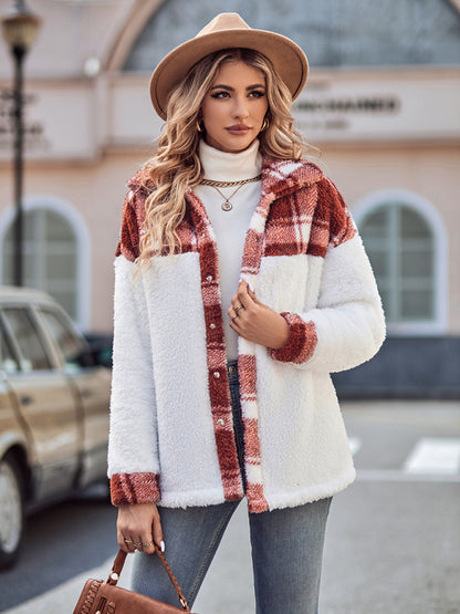 Plush Jacket- Patch Plaid Plush Drop Shoulder Jacket- - Pekosa Women Clothing