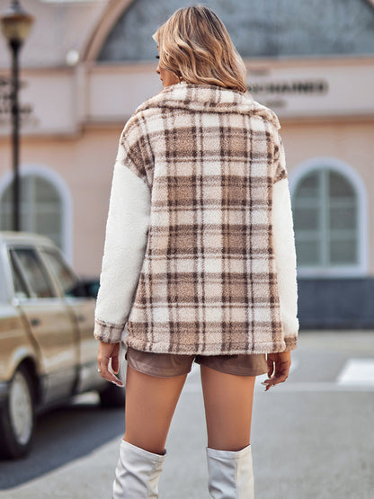 Plush Jacket- Patch Plaid Plush Drop Shoulder Jacket- - Pekosa Women Clothing