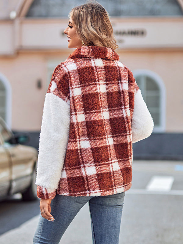 Plush Jacket- Patch Plaid Plush Drop Shoulder Jacket- - Pekosa Women Clothing