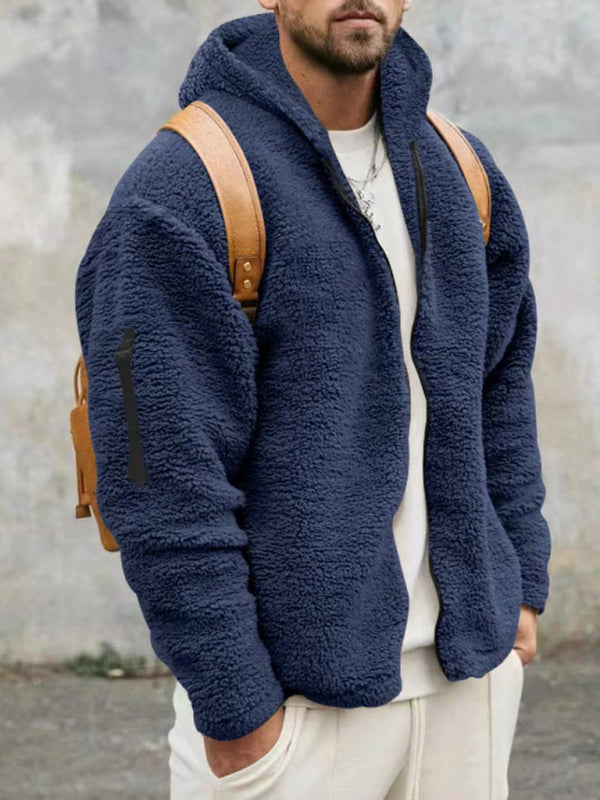 Plush Jackets- Men's Oversized Hooded Jacket with Plush Faux Fur- Blue- Pekosa Women Clothing