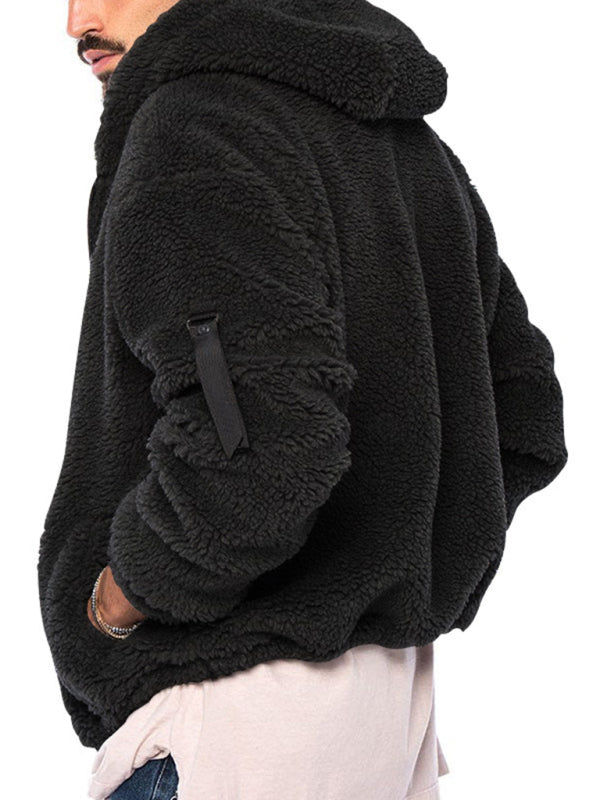 Plush Jackets- Men's Oversized Hooded Jacket with Plush Faux Fur- - Pekosa Women Clothing