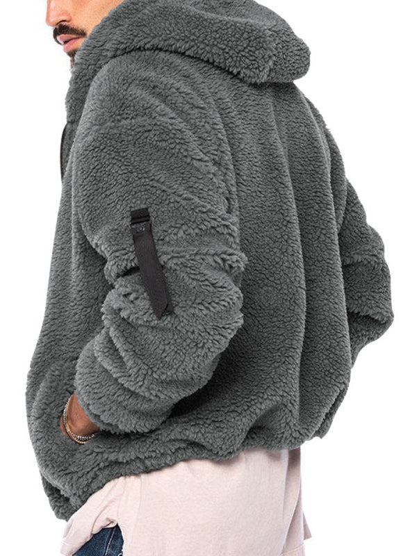 Plush Jackets- Men's Oversized Hooded Jacket with Plush Faux Fur- - Pekosa Women Clothing