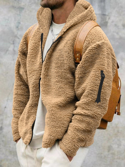 Plush Jackets- Men's Oversized Hooded Jacket with Plush Faux Fur- Khaki- Pekosa Women Clothing