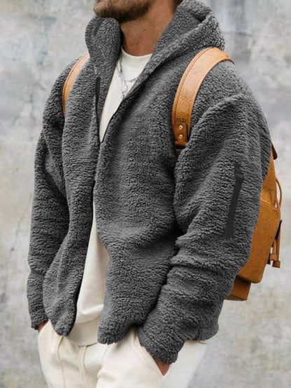 Plush Jackets- Men's Oversized Hooded Jacket with Plush Faux Fur- Grey- Pekosa Women Clothing