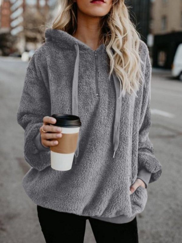 Plush Sweatshirts- Winter Teddy Plush Fleece Hoodie Sweatshirt- Grey- Pekosa Women Clothing