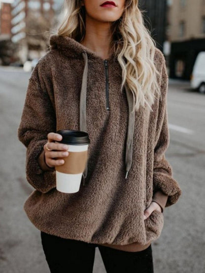 Plush Sweatshirts- Winter Teddy Plush Fleece Hoodie Sweatshirt- Brown- Pekosa Women Clothing