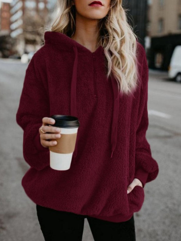 Plush Sweatshirts- Winter Teddy Plush Fleece Hoodie Sweatshirt- Wine Red- Pekosa Women Clothing