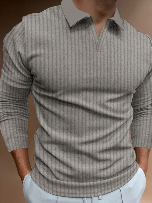 Polo T-Shirts- Ribbed Long Sleeve Polo Tee for Men's Casual Wear- Grey- Pekosa Women Clothing