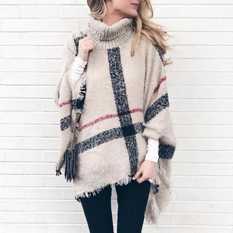 Ponchos- Mid-Length Fluffy Plaid Turtleneck Cozy Fringe Poncho- Cream- Pekosa Women Clothing