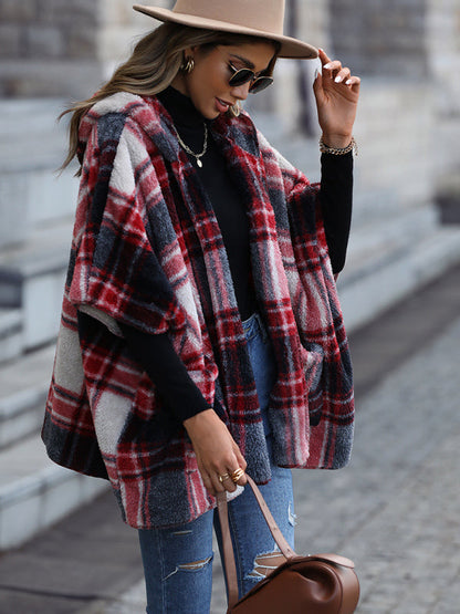 Ponchos- Oversized Cozy Plaid Plush Hooded Poncho Cape- - Pekosa Women Clothing