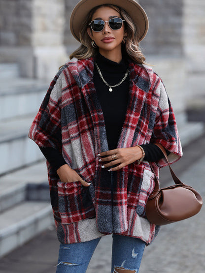 Ponchos- Oversized Cozy Plaid Plush Hooded Poncho Cape- - Pekosa Women Clothing