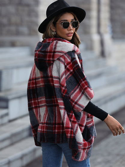 Ponchos- Oversized Cozy Plaid Plush Hooded Poncho Cape- - Pekosa Women Clothing