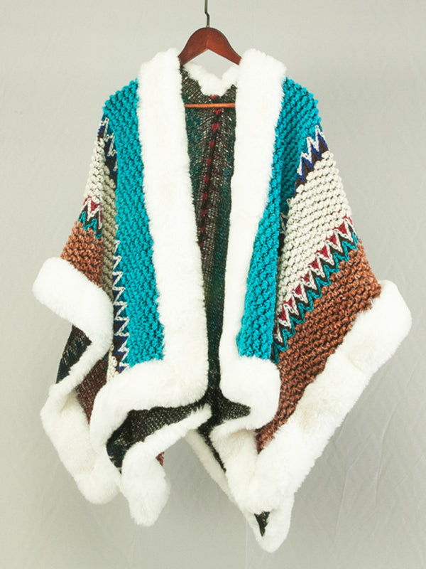 Ponchos- Thick Wool Cardigan Poncho with Faux Fur Trimming- Pattern1- Pekosa Women Clothing
