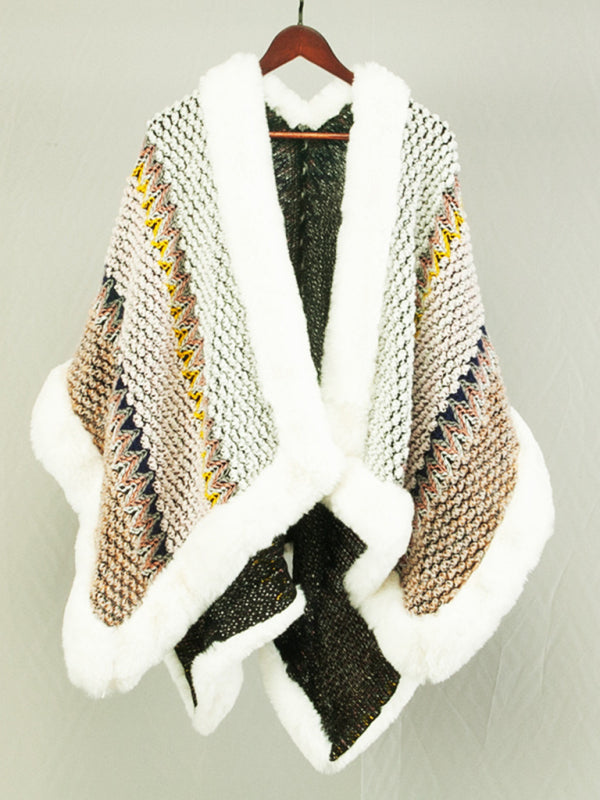 Ponchos- Thick Wool Cardigan Poncho with Faux Fur Trimming- Pattern2- Pekosa Women Clothing