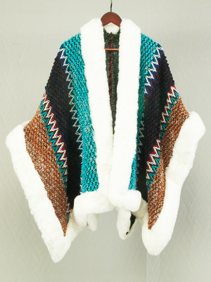 Ponchos- Thick Wool Cardigan Poncho with Faux Fur Trimming- Pattern3- Pekosa Women Clothing