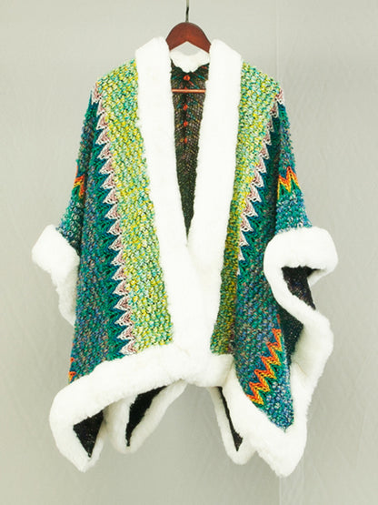 Ponchos- Thick Wool Cardigan Poncho with Faux Fur Trimming- Pattern- Pekosa Women Clothing