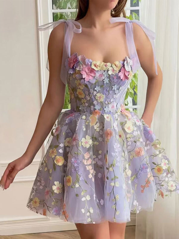 Princess Dresses- Cocktail Tulle Princess Dress with Floral Applique and Tie-Shoulder- - Pekosa Women Fashion