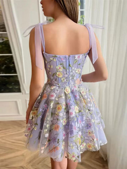 Princess Dresses- Cocktail Tulle Princess Dress with Floral Applique and Tie-Shoulder- - Pekosa Women Fashion