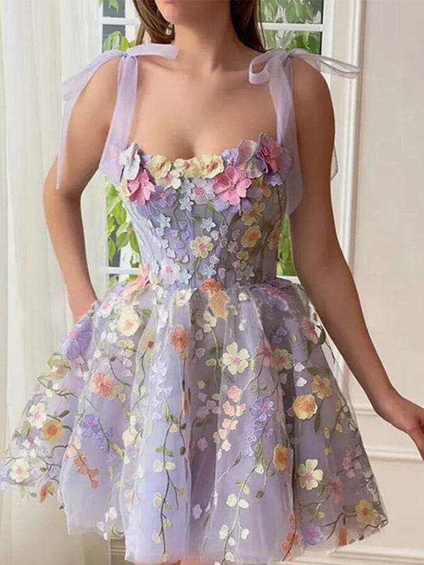 Princess Dresses- Cocktail Tulle Princess Dress with Floral Applique and Tie-Shoulder- Lavender- Pekosa Women Fashion