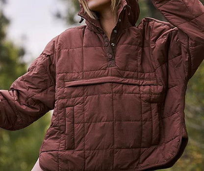 Puffer Jacket- Solid Cotton Hooded Pippa Packable Puffer Jacket- Dark Brown- Pekosa Women Clothing