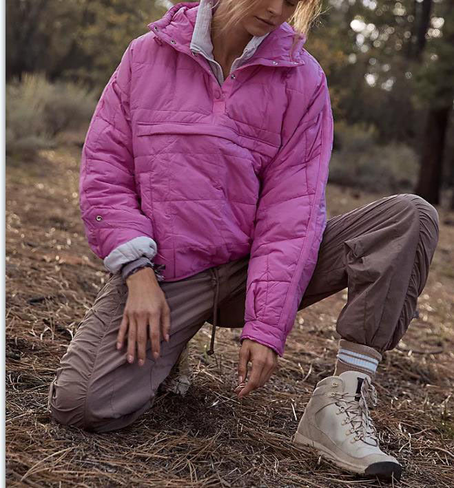Puffer Jacket- Solid Cotton Hooded Pippa Packable Puffer Jacket- Rose- Pekosa Women Clothing