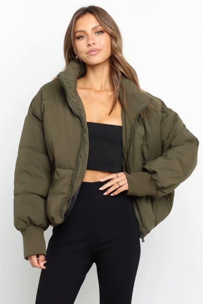 Puffer Jacket- Solid Zip-Up Puffer Jacket- Olive green- Pekosa Women Clothing