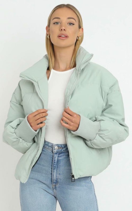 Puffer Jacket- Solid Zip-Up Puffer Jacket- Pale green- Pekosa Women Clothing