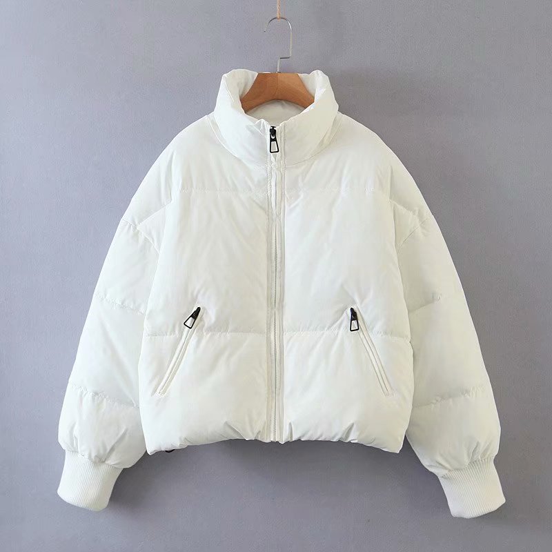 Puffer Jacket- Solid Zip-Up Puffer Jacket- White- Pekosa Women Clothing