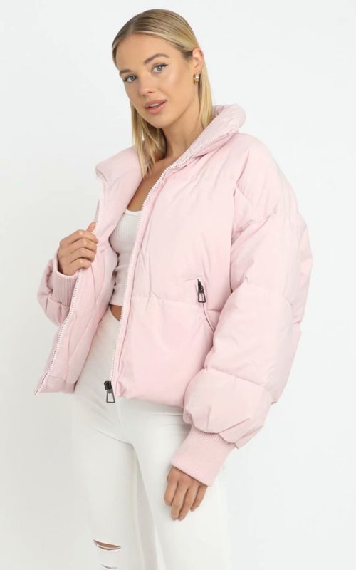 Puffer Jacket- Solid Zip-Up Puffer Jacket- Pink- Pekosa Women Clothing