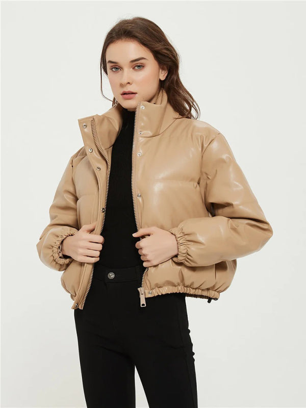 Puffer Jackets- High Neck Faux Leather Puffer Jacket- - Pekosa Women Clothing