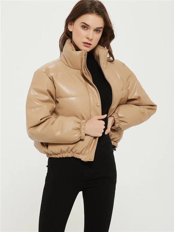 Puffer Jackets- High Neck Faux Leather Puffer Jacket- - Pekosa Women Clothing