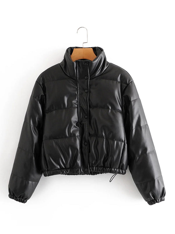 Puffer Jackets- High Neck Faux Leather Puffer Jacket- - Pekosa Women Clothing