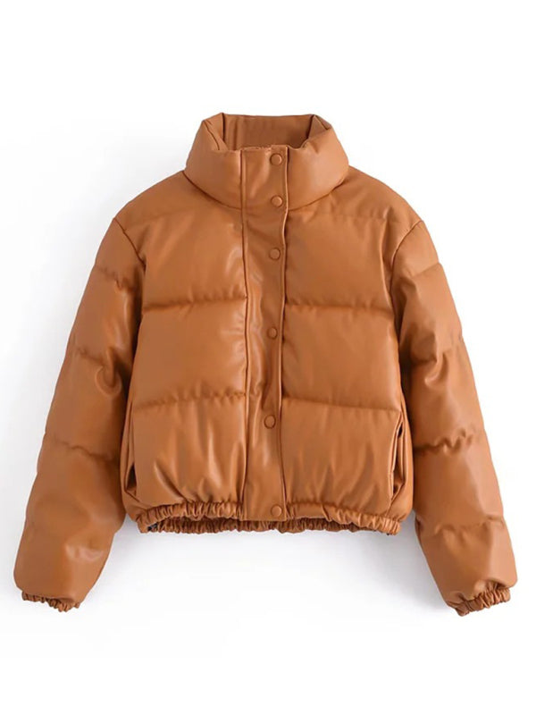 Puffer Jackets- High Neck Faux Leather Puffer Jacket- Brown- Pekosa Women Clothing