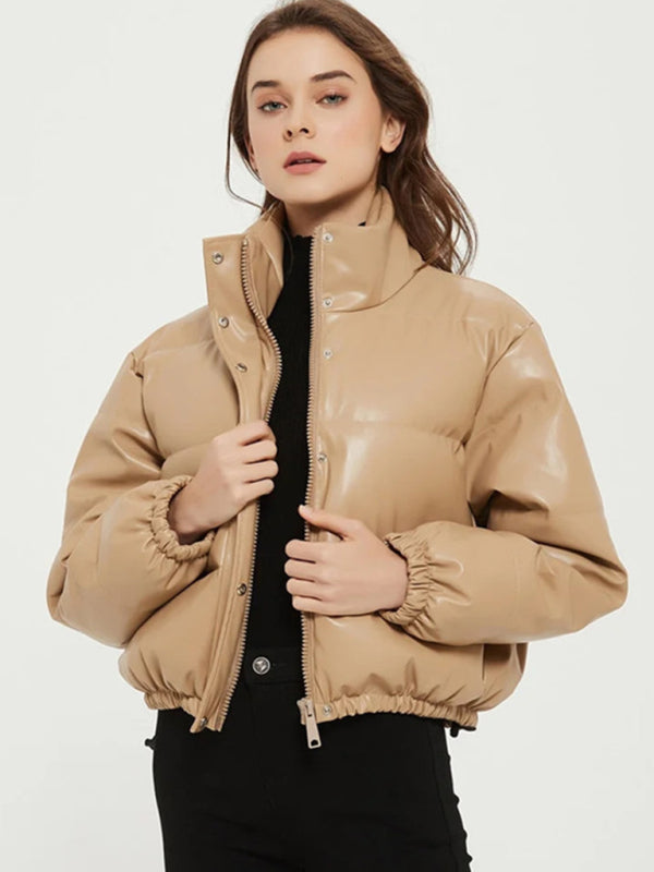 Puffer Jackets- High Neck Faux Leather Puffer Jacket- Khaki- Pekosa Women Clothing