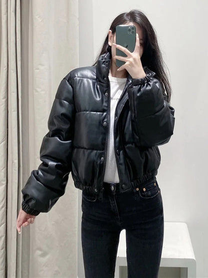 Puffer Jackets- High Neck Faux Leather Puffer Jacket- Black- Pekosa Women Clothing