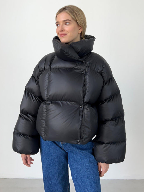 Puffer Jackets- Hooded Inflated Puffer Jacket for Outdoor Winter Events- Black- Pekosa Women Clothing