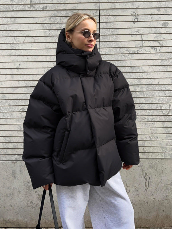 Puffer Jackets- Hooded Thick Puffer Jacket for Winter Festivities- Black- Pekosa Women Clothing