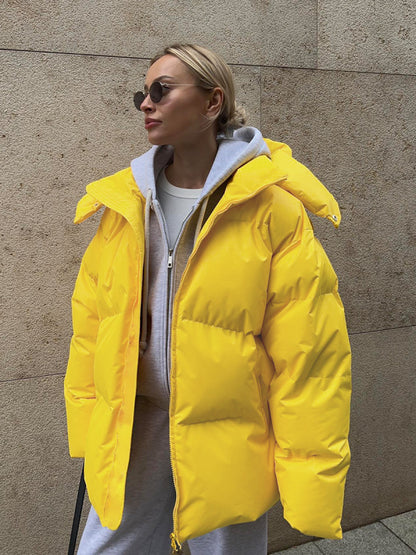 Puffer Jackets- Hooded Thick Puffer Jacket for Winter Festivities- Yellow- Pekosa Women Clothing