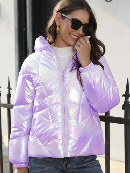 Puffers- Glossy Zip-Up Hooded Puffer Jacket Perfect for City Outings- Purple- Pekosa Women Clothing