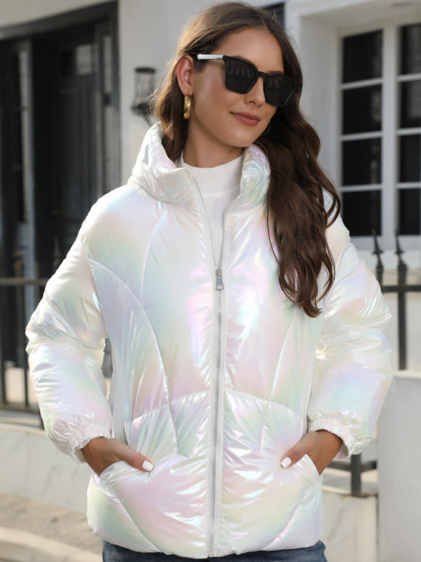 Puffers- Glossy Zip-Up Hooded Puffer Jacket Perfect for City Outings- White- Pekosa Women Clothing