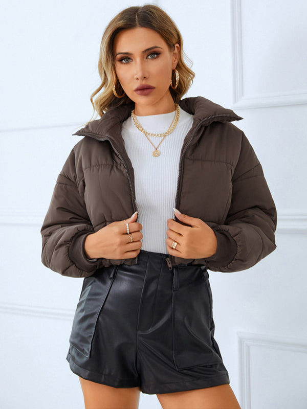 Puffers- Solid Crop Puffer Jacket with Zip-Up & Handy Pockets- - Pekosa Women Clothing