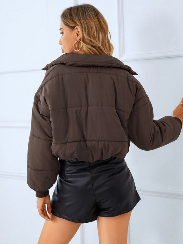 Puffers- Solid Crop Puffer Jacket with Zip-Up & Handy Pockets- - Pekosa Women Clothing