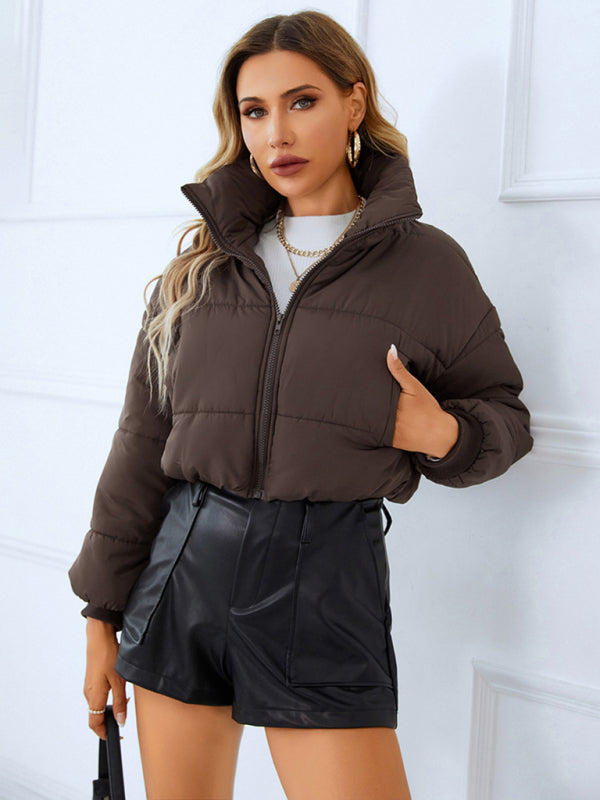 Puffers- Solid Crop Puffer Jacket with Zip-Up & Handy Pockets- Brown- Pekosa Women Clothing