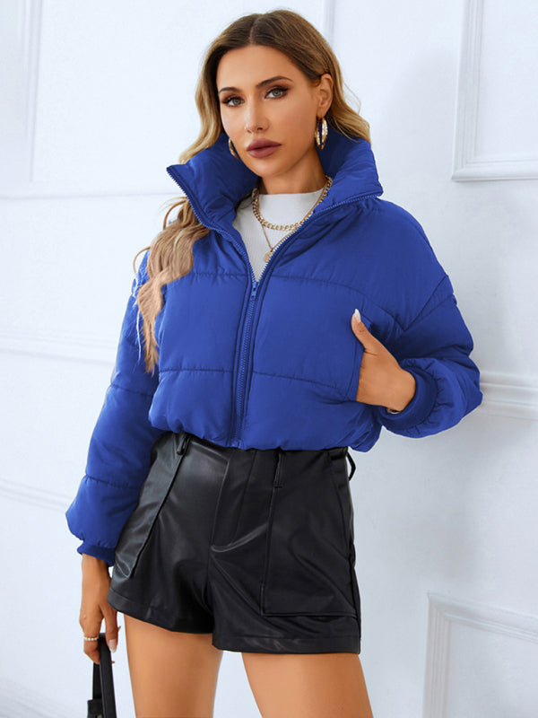 Puffers- Solid Crop Puffer Jacket with Zip-Up & Handy Pockets- Blue- Pekosa Women Clothing