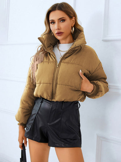 Puffers- Solid Crop Puffer Jacket with Zip-Up & Handy Pockets- Khaki- Pekosa Women Clothing