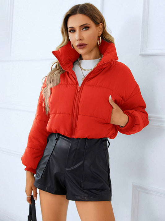 Puffers- Solid Crop Puffer Jacket with Zip-Up & Handy Pockets- Red- Pekosa Women Clothing