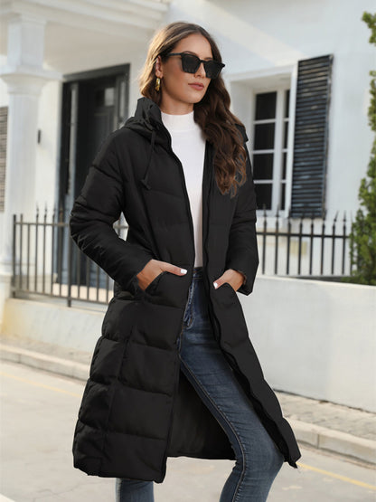 Puffers- Solid Hooded Longline Puffer Coat Jacket for Urban Winters- - Pekosa Women Clothing